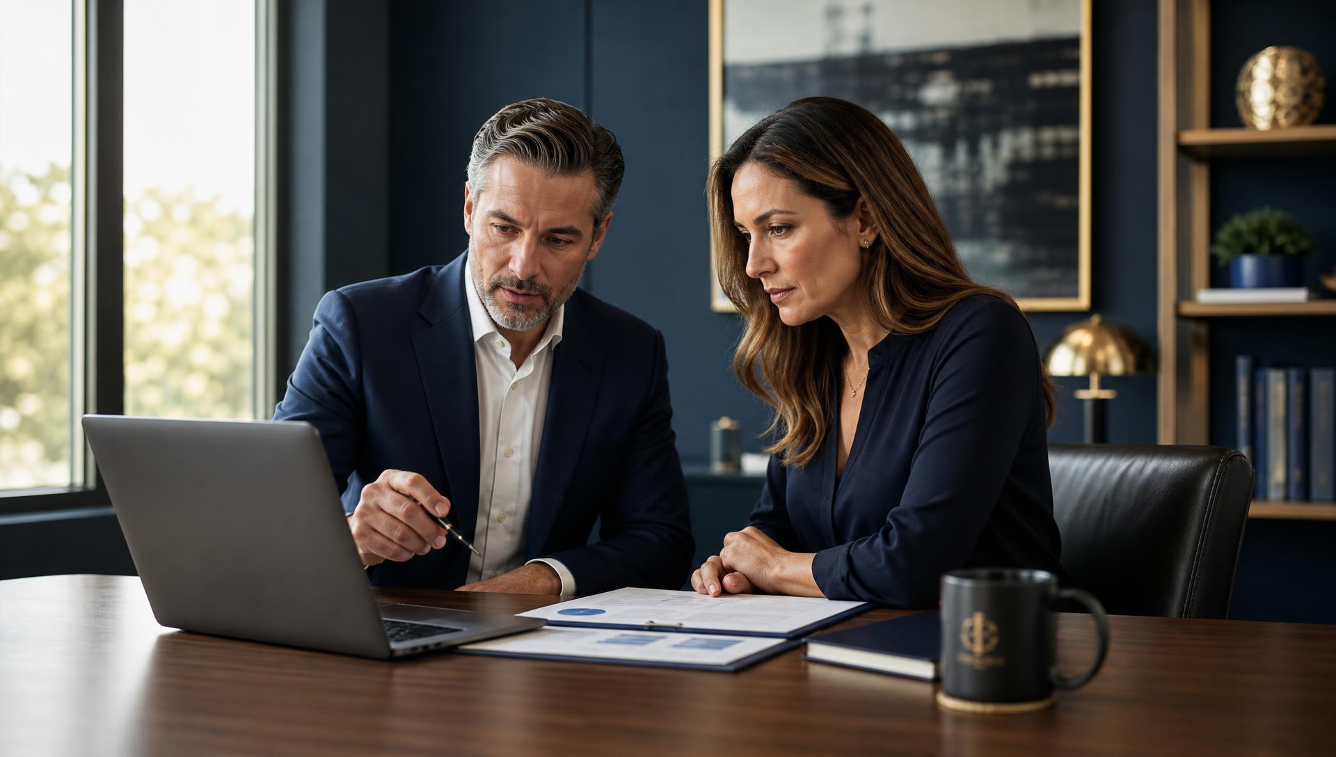 Two professionals reviewing financial data on a laptop